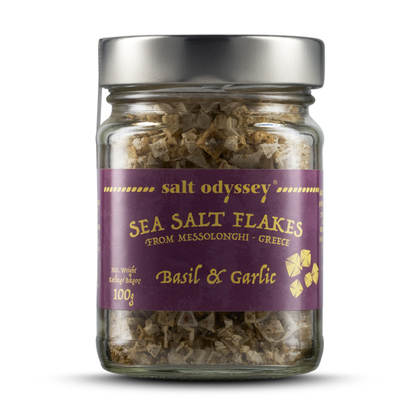 Salt Odyssey Βάζο Νιφάδες Θαλασσινό Αλάτι Μεσολογγίου Σκόρδο Βασιλικός 100gr