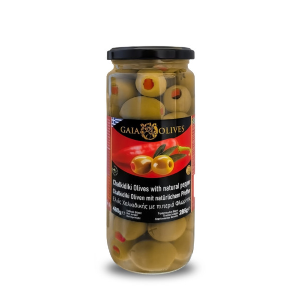 Gaia Olives Πράσινες Ελιές Χαλκιδικής Γεμιστές Με Πιπεριά Φλωρίνης 285gr
